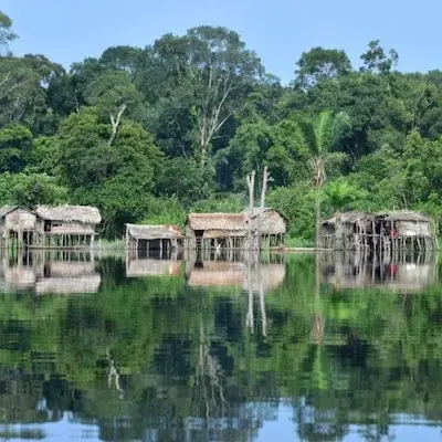 Stilt houses mirrored in a river at the forest edge
