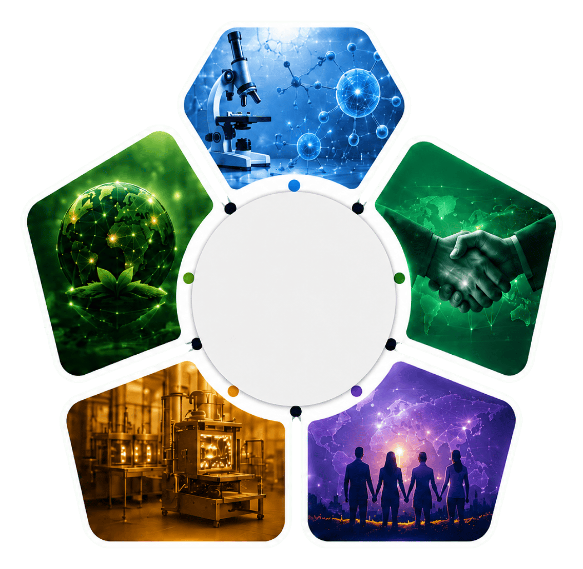 Five connected panels representing science, partnerships, people, quality, and sustainability