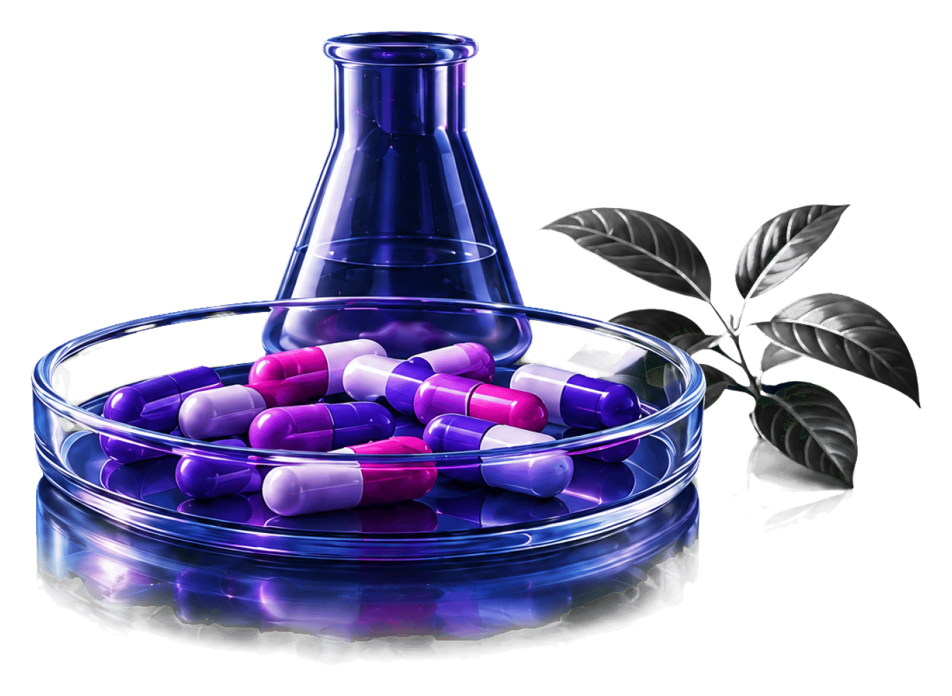Laboratory glassware with capsules and botanical ingredients