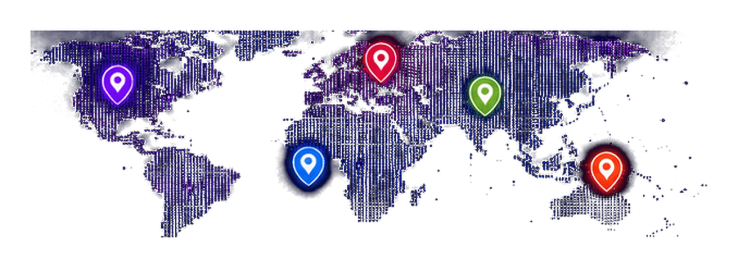 World map with markers across the Americas, Africa, Europe, Asia, and Australia