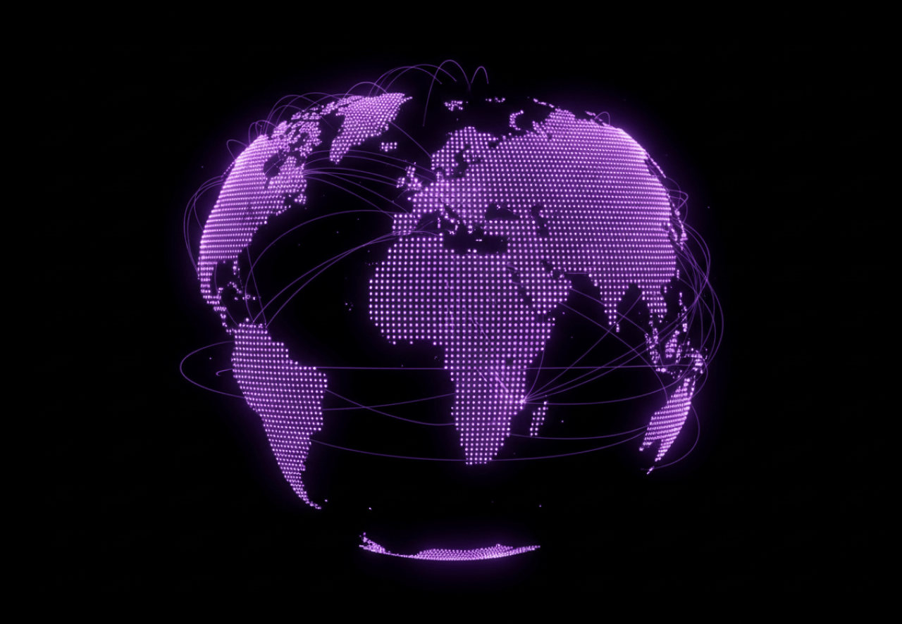 A violet world map illustrating a connected global network