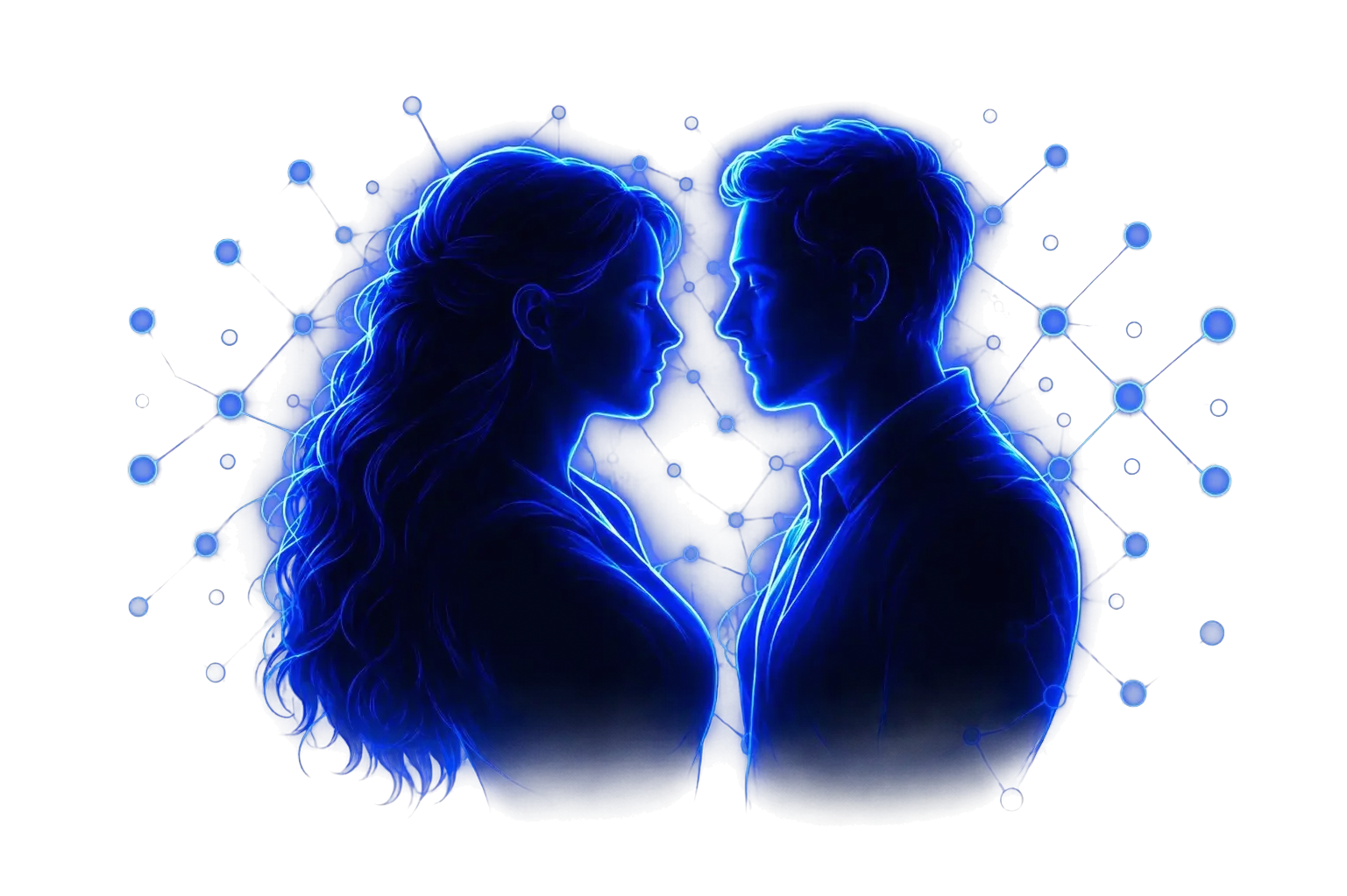 Couple facing one another in a blue glow