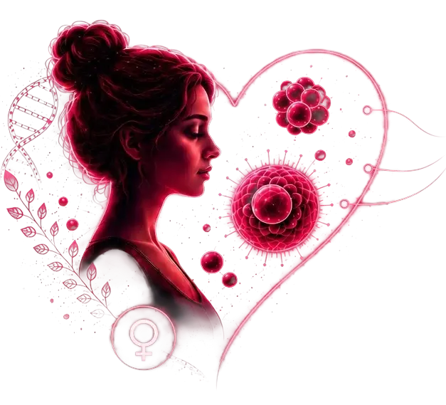 Woman in profile inside a glowing heart with an oocyte and embryo