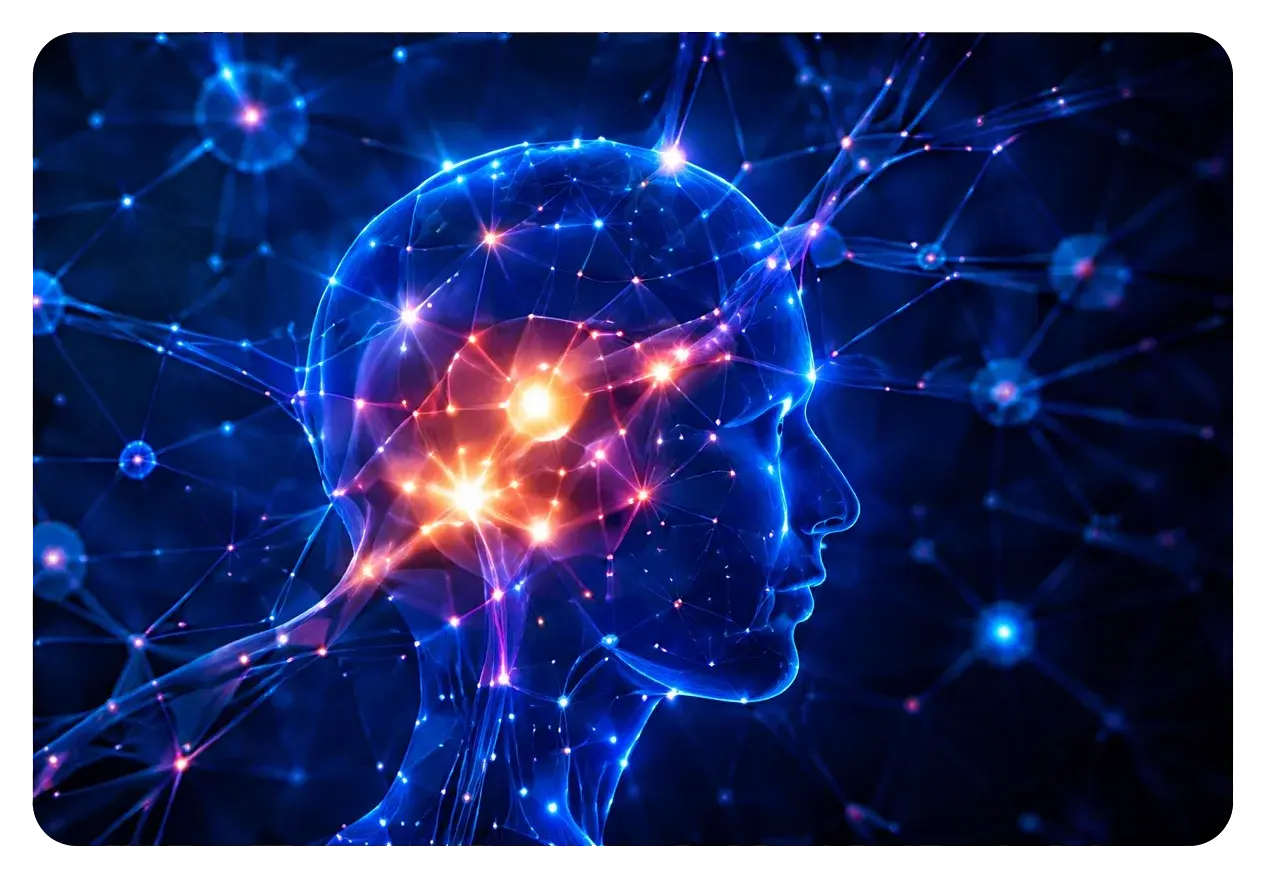 A glowing neural network illuminating the reward circuit in a human head