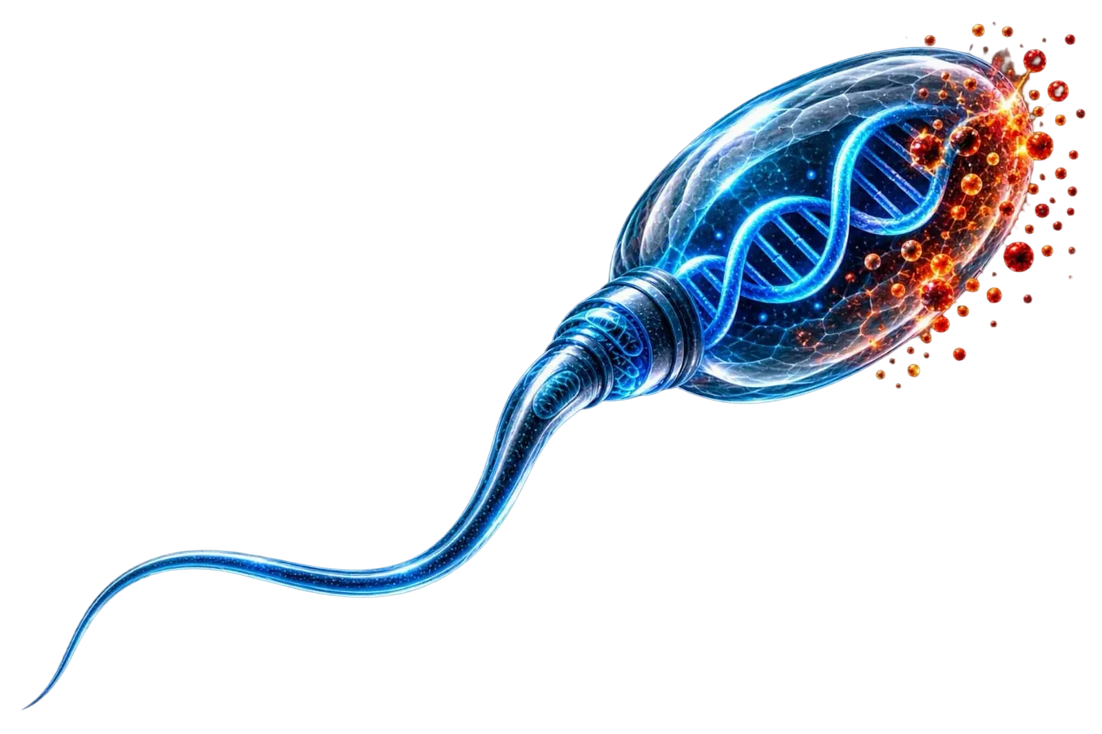 A sperm cell whose DNA helix is under attack from reactive oxygen species