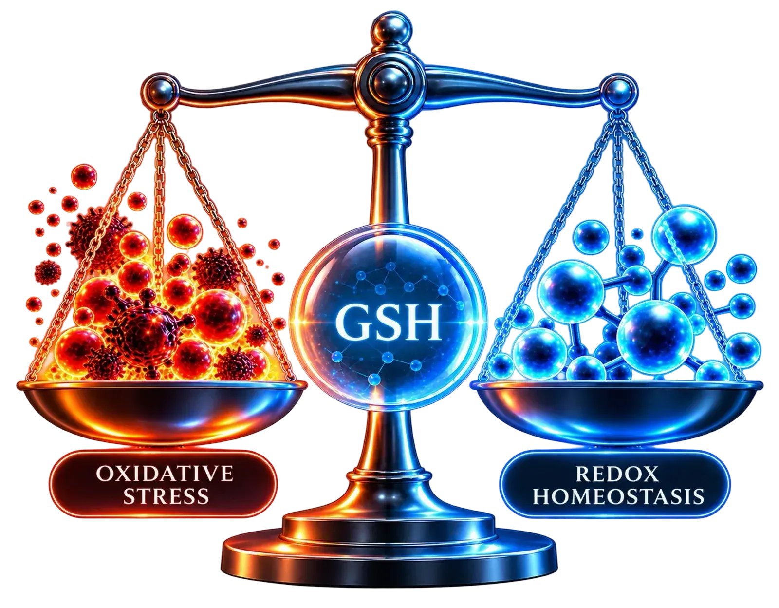 Balance scale weighing oxidative stress against redox homeostasis, with glutathione at its pivot