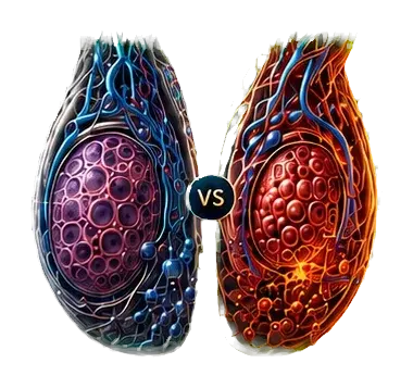 A healthy testis beside a varicocele-affected testis in cross-section